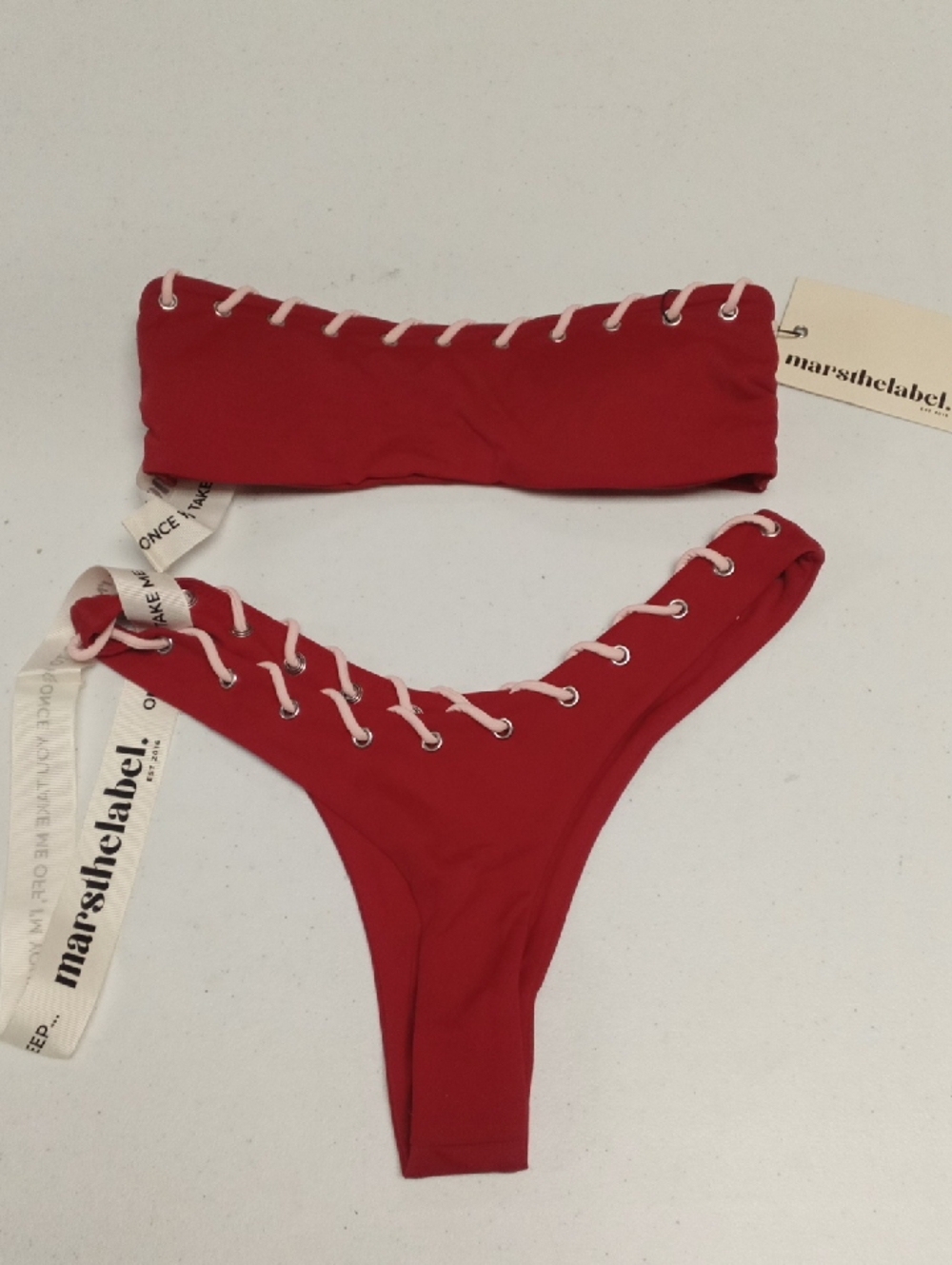marshelabel Red Lace-Up Bandeau Bikini